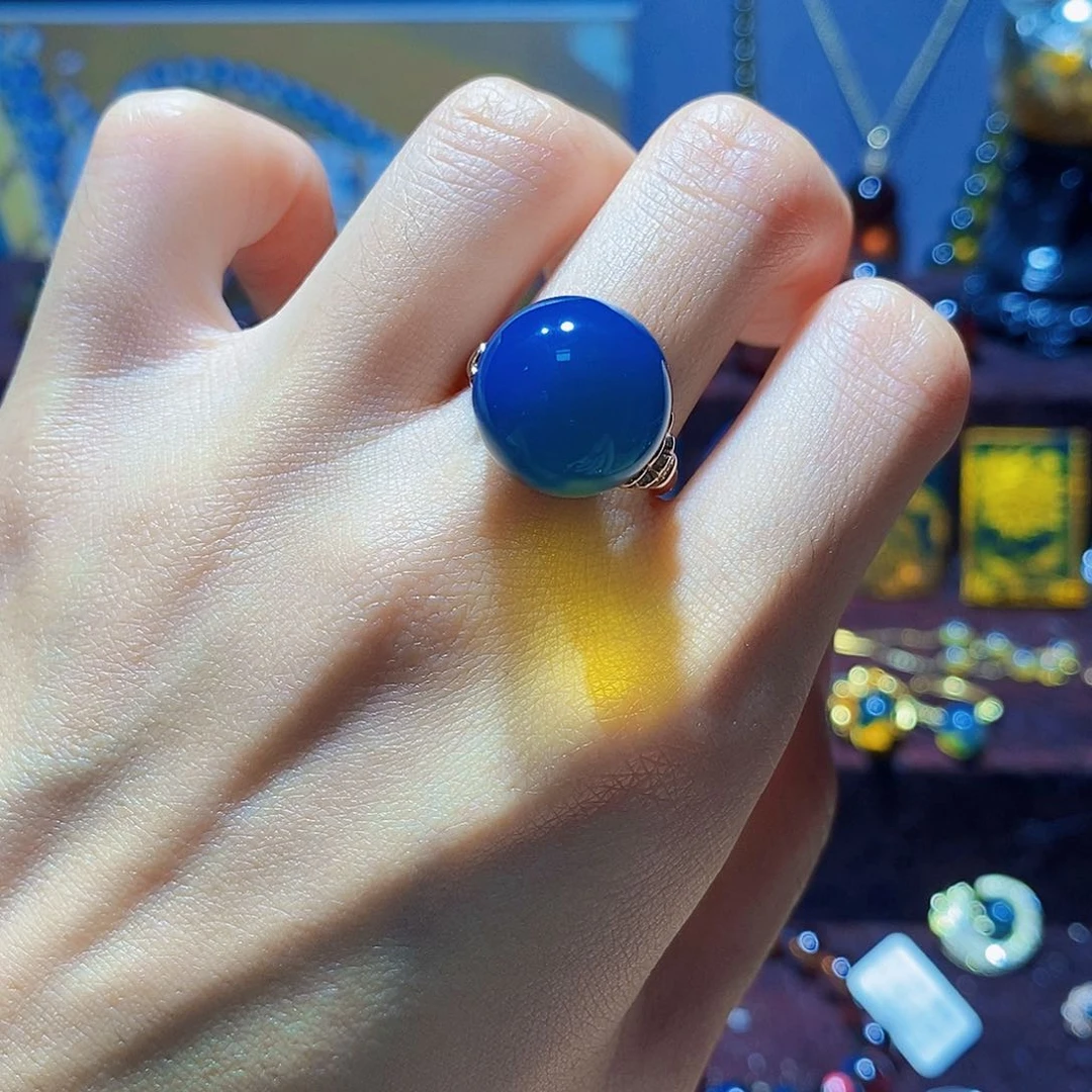 蓝珀银S925镀金镶嵌戒指15mm高蓝净水裙边