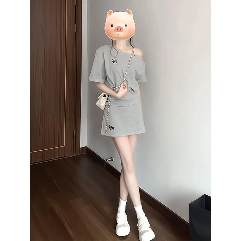 韩系短袖灰色休闲运动套装女夏季新款收腰斜肩上衣阔腿裤两件套裙