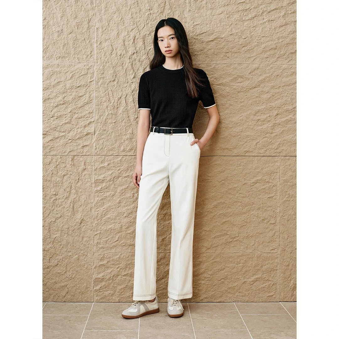 INSUN恩裳专选2025春季经典米白高腰微喇休闲裤9C65120030
