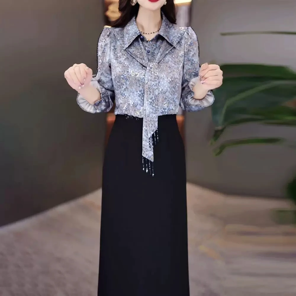 高档提花缎面料假两件连衣裙女秋季2025新款洋气修身显瘦礼服裙子