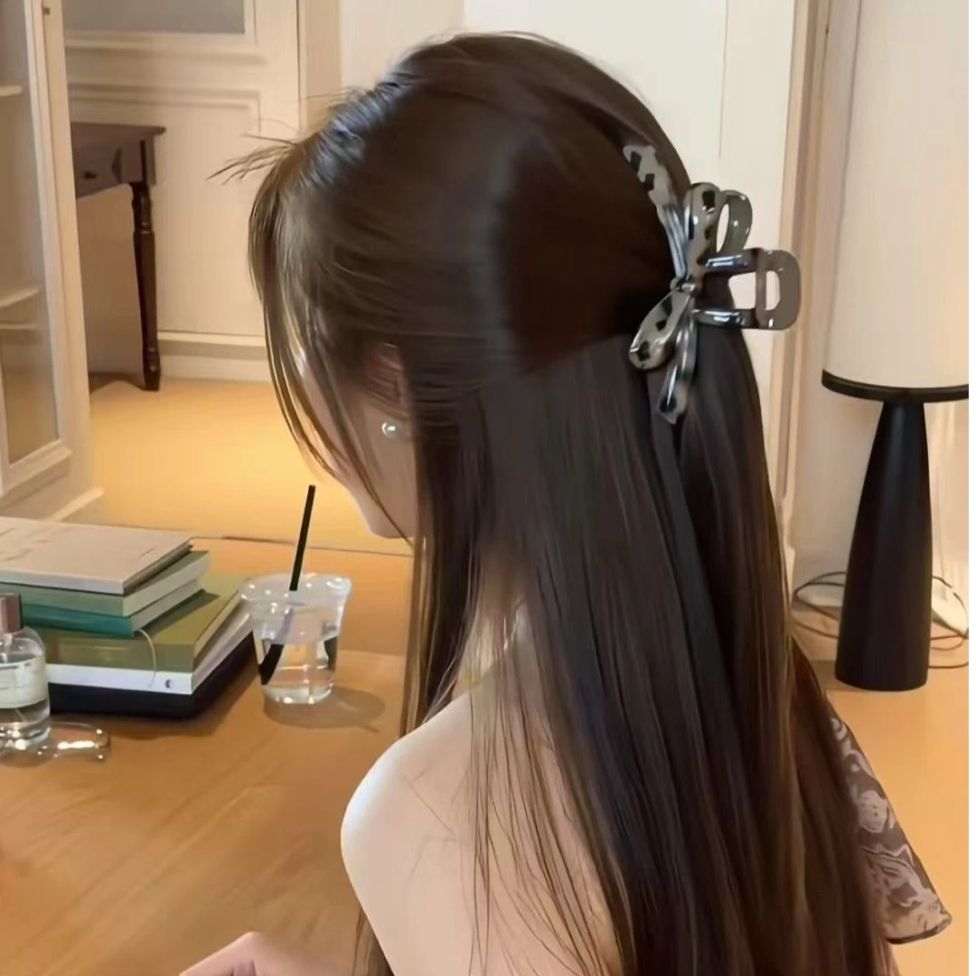 韩系豹纹蝴蝶结抓夹女感半扎发 鲨鱼夹超大号发夹 气质头饰 发卡