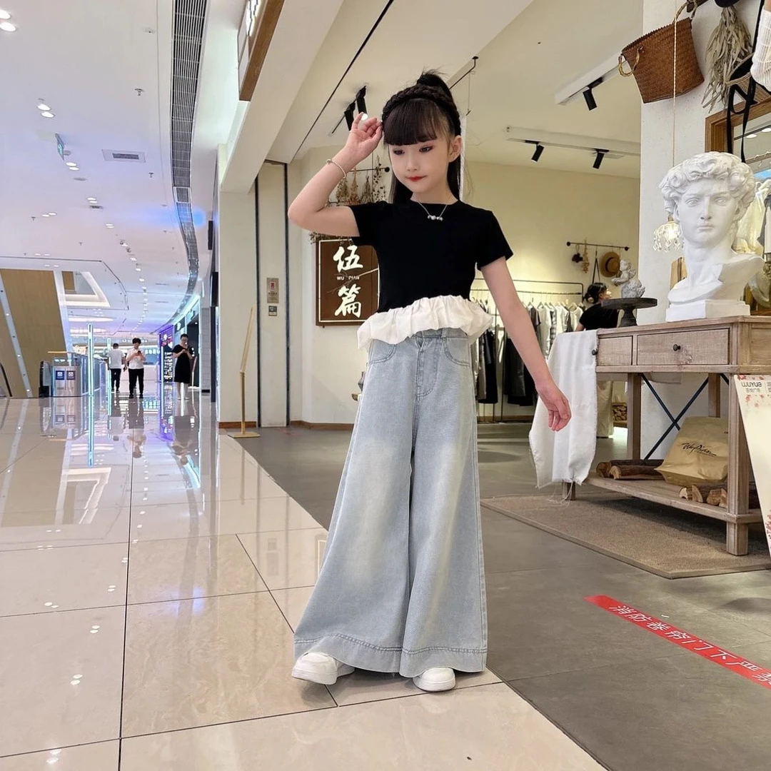 女童夏季时尚短袖宽松阔腿裤套装中大童洋气韩版直筒高腰拖地裤潮