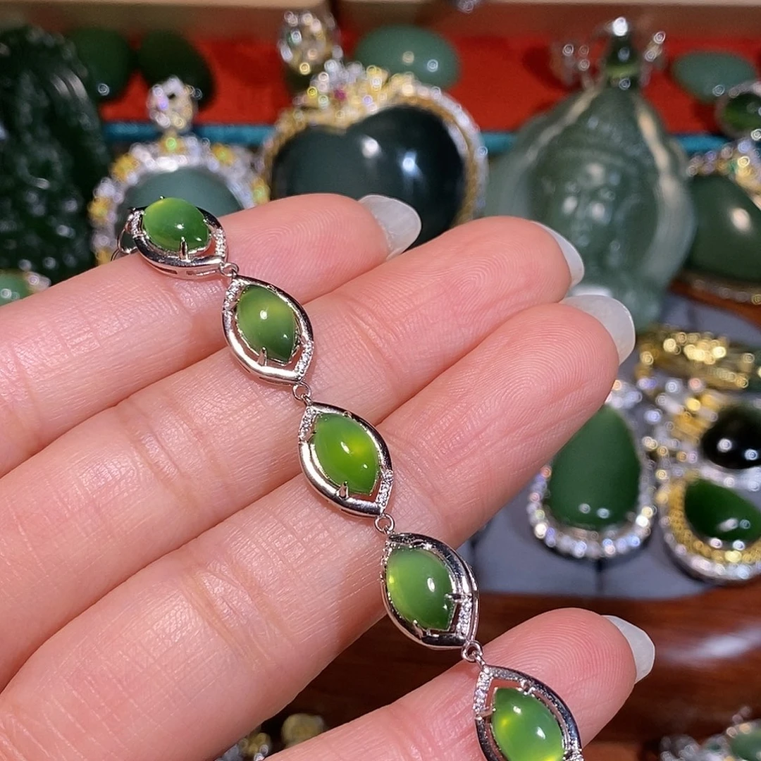和田玉（碧玉）银S925镶嵌手链