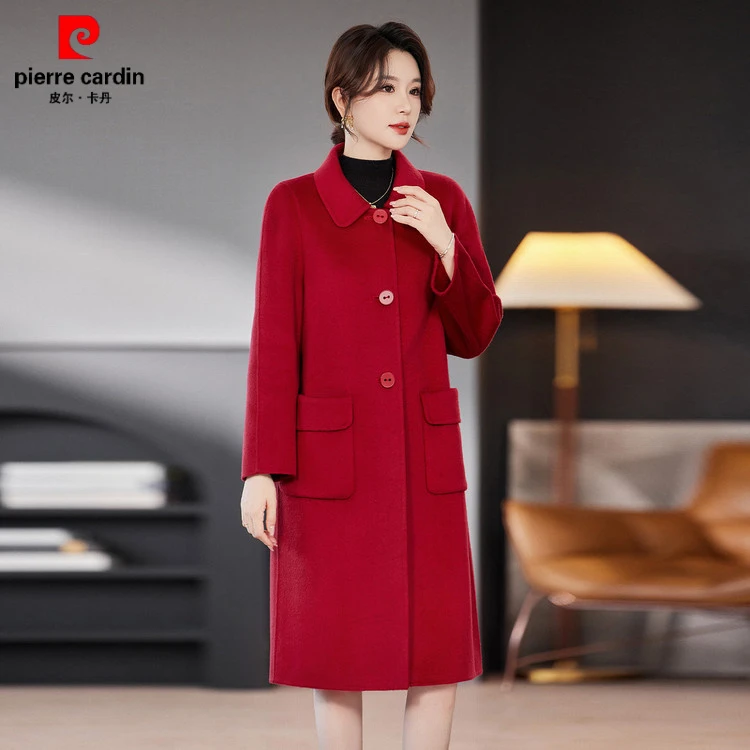 皮尔卡丹红色双面羊绒大衣女中长新款2025秋冬季高级感轻奢大翻领