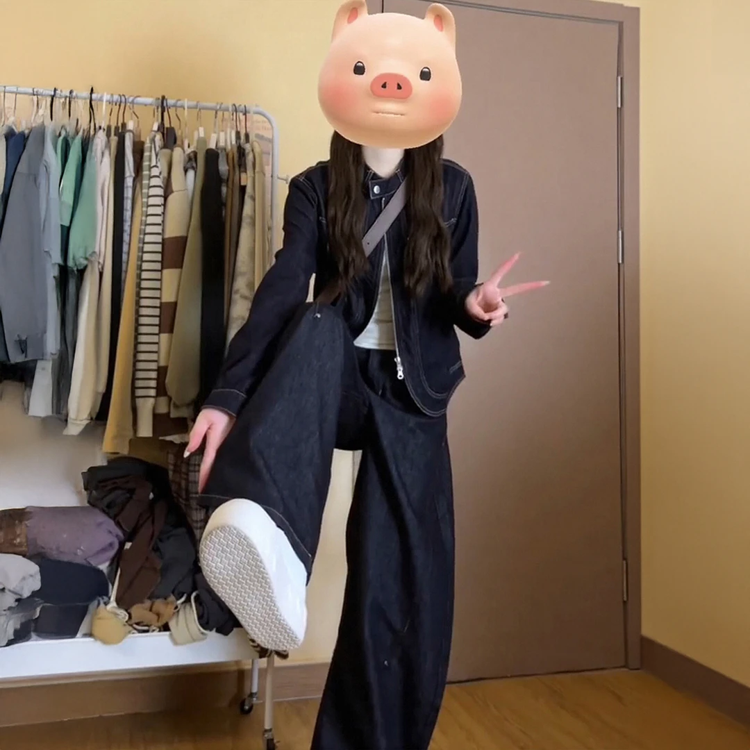 早秋氛围感穿搭一整套韩系甜酷风牛仔外套夹克百搭阔腿裤两件套女