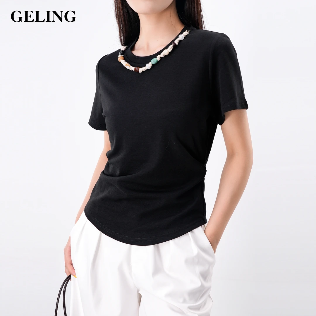 GELING/歌&玲夏季串珠圆领白色气质女士短袖棉T恤收腰G503WC147T