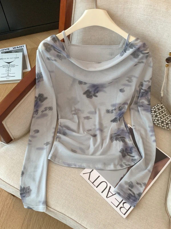 纯欲风印花荡领长袖T恤女早秋新款修身褶皱收腰显瘦气质防晒上衣