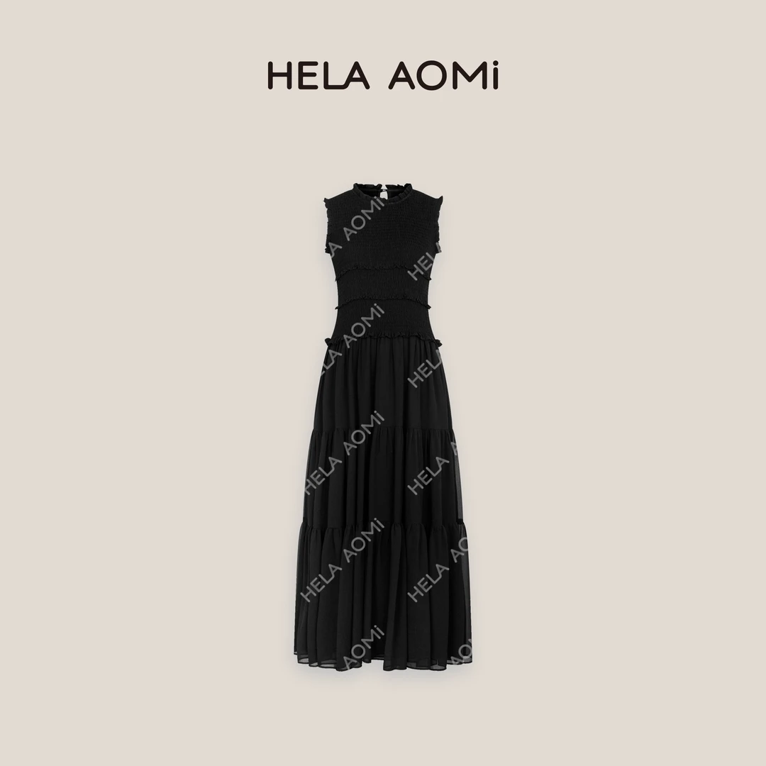 HELAAOMI “顺纡瘦瘦裙”赫本风无袖荷叶边收腰连衣裙CY5BM72594