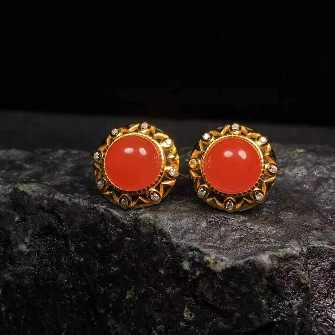 【朱锦南红】天然保山南红玛瑙新款耳钉S925银镶嵌裸石尺寸8mm2.9g