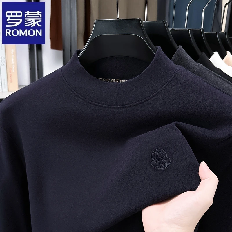 罗蒙纯色亲肤半高领套头德绒长袖卫衣秋冬季休闲印花男士打底上衣