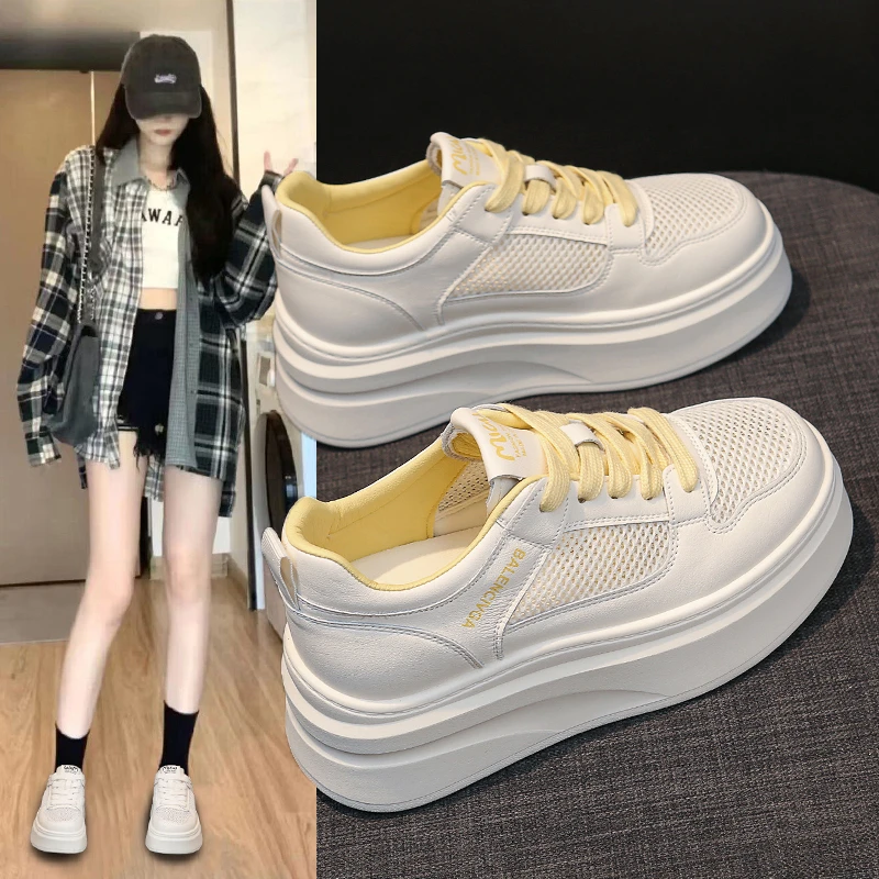 【6厘米】小白鞋女网面透气网鞋2025新百搭超火厚底软底不累脚板鞋