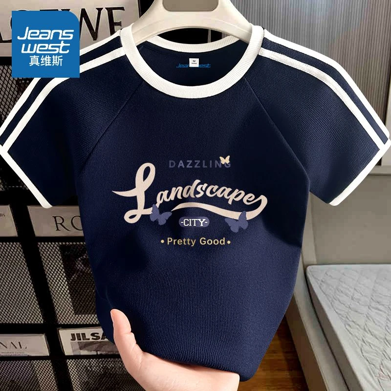 真维斯插肩短袖t恤女夏2025新款小众设计感撞色体恤修身显瘦上衣