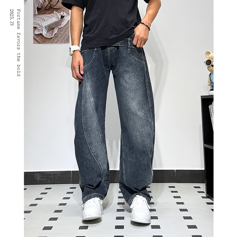 美式复古蓝弯刀牛仔裤2025秋冬新款宽松直筒裤男士潮牌拼接阔腿裤