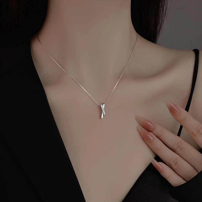 坠链均925银锆石 925银X钻项链女2025爆款时尚交叉锁骨链颈链配饰