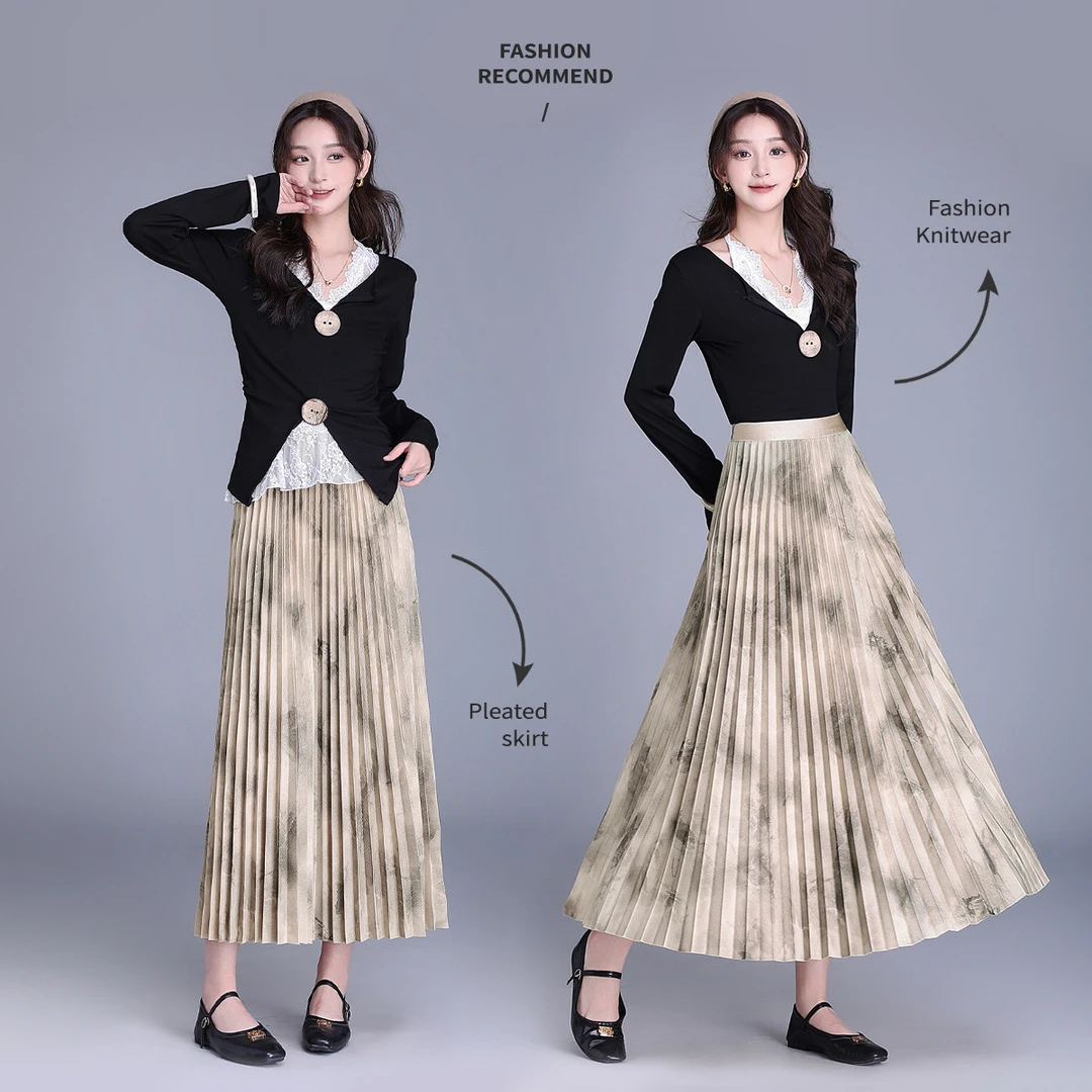 白鹿语25春款时尚气质褶皱长款橡筋腰半身裙女BY20274