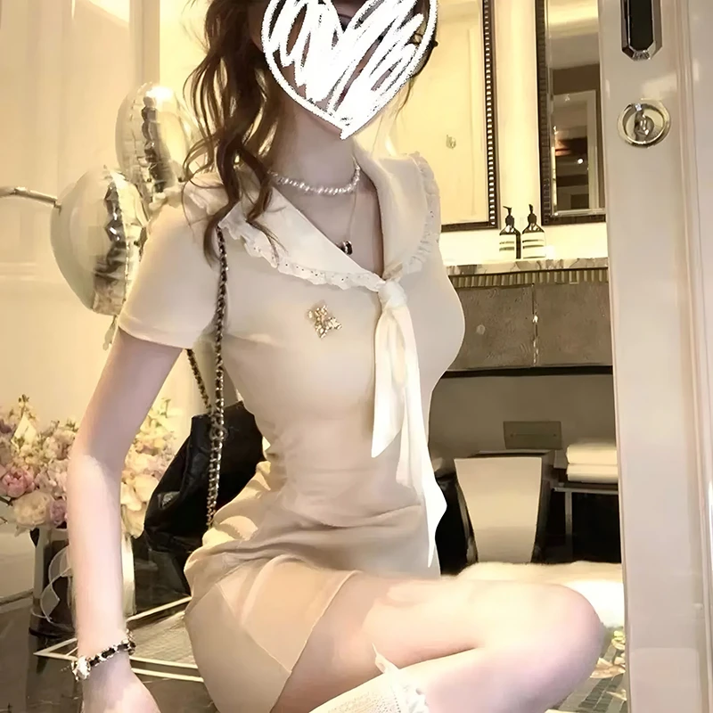 学院风蕾丝拼接海军领连衣裙夏季新款甜辣纯欲风修身包臀裙D1392