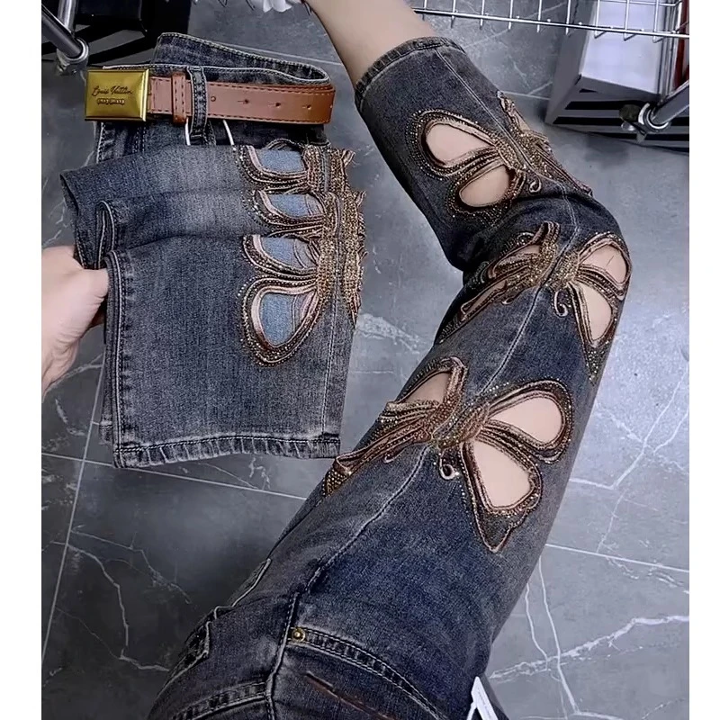 梨形身材高腰大码直筒镂空牛仔裤女秋季薄款显瘦小个子九分烟管裤