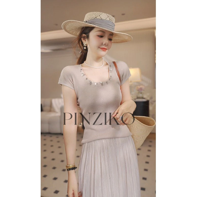 pinziko冰爽T~轻薄方领显瘦T恤女短款纯色弹力透气针织衫TJF105