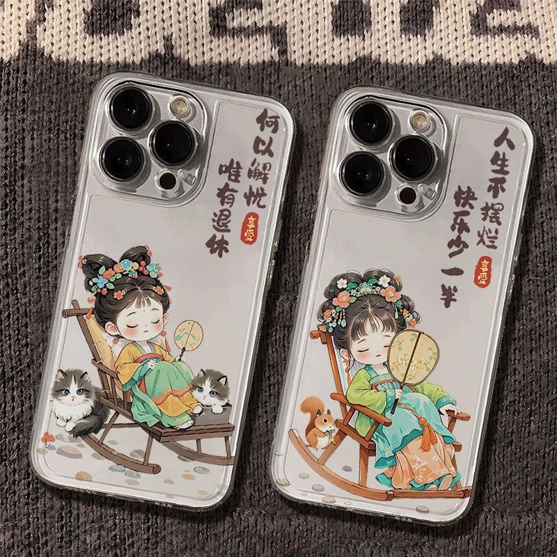 古风摆烂女孩太空手机壳适用于苹果16透明iphone14保护壳1512pro