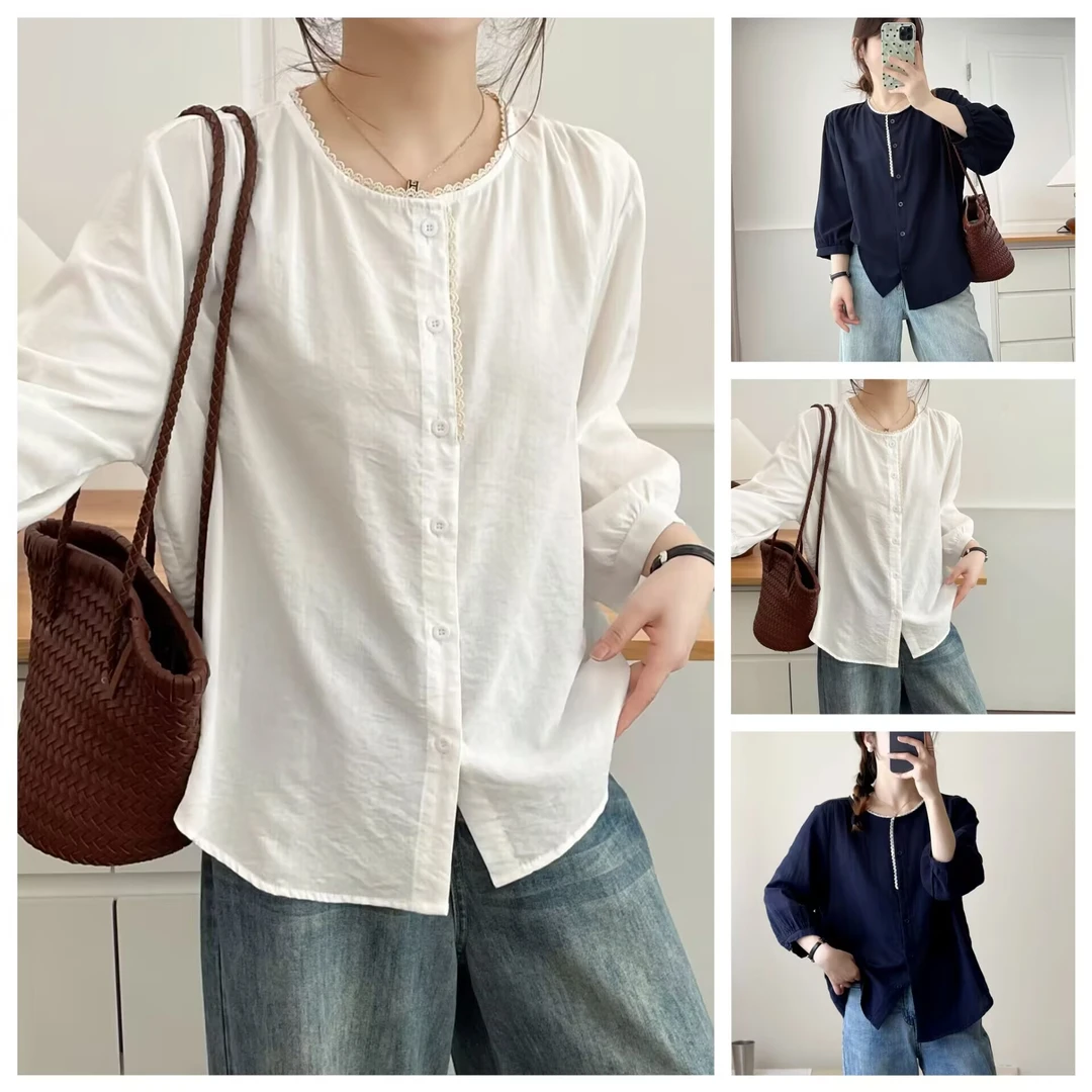 秋季款大码纯色蕾丝花边圆领衬衫宽松显瘦遮肉休闲洋气上衣女954