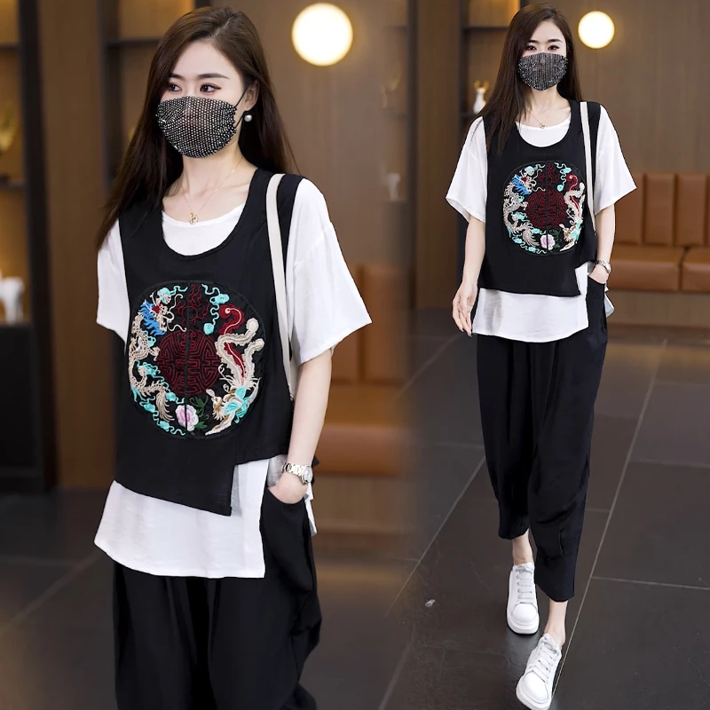 【女神新衣】2025夏新款时尚洋气刺绣三件套宽松遮肉显瘦休闲套装