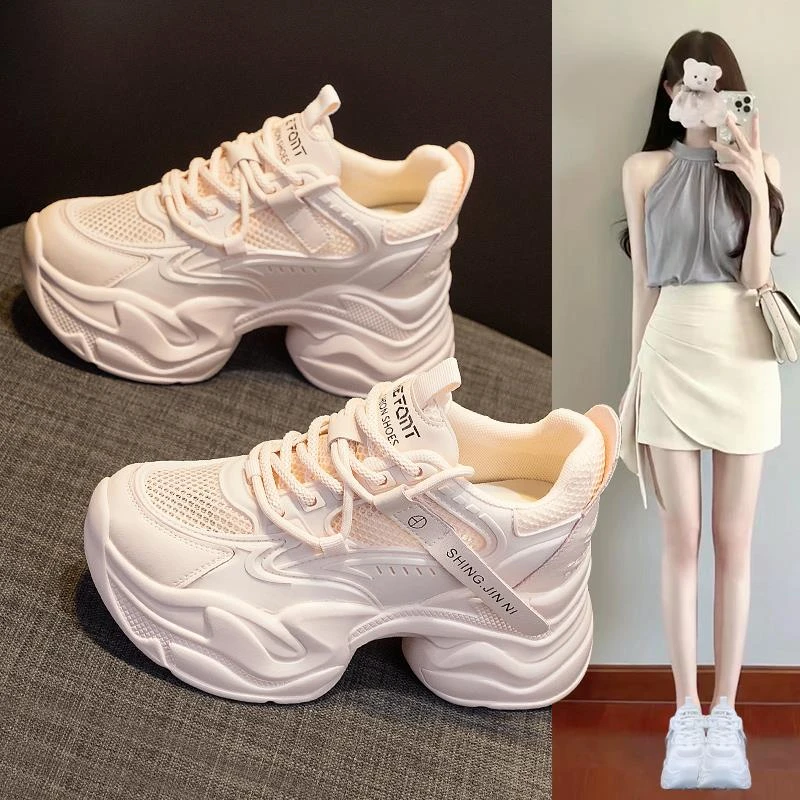 真皮厚底老爹鞋女2025新款夏季网面透气内增高女鞋8cm运动小白鞋