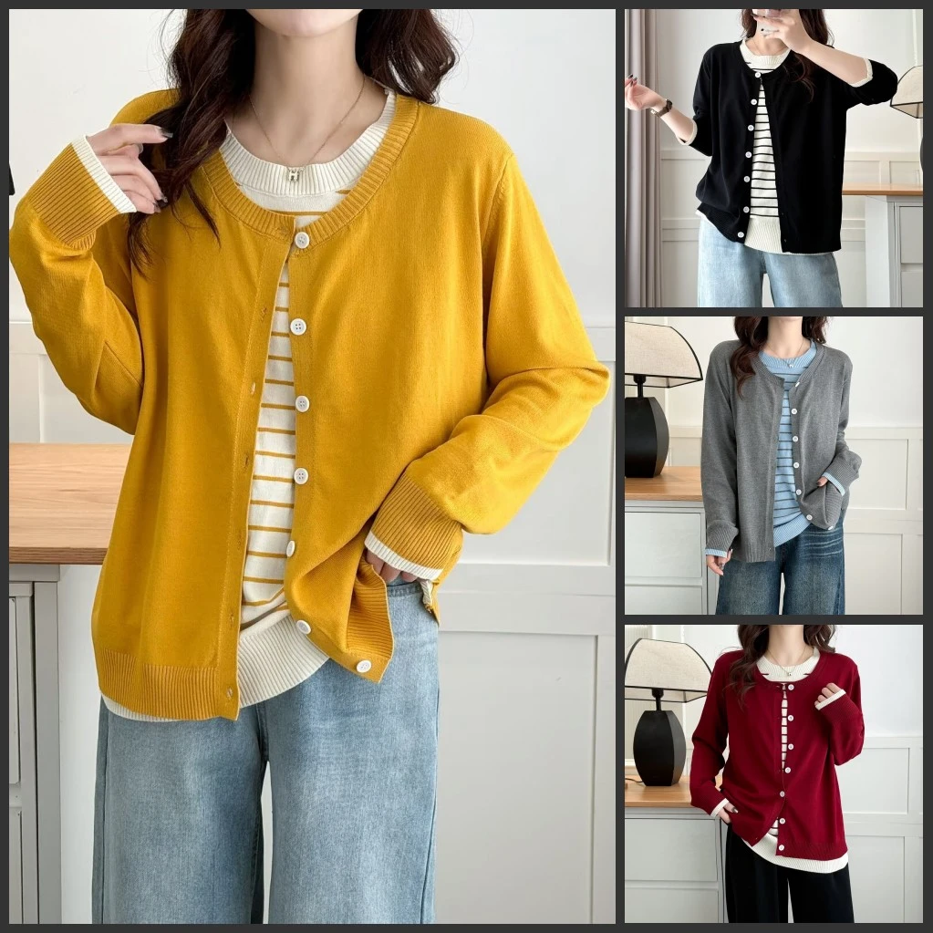 梦冬佳--110-190斤大码女装显瘦百搭条纹假两件拼色针织衫上衣