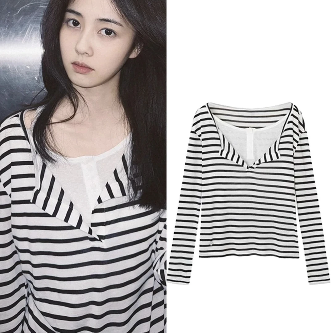 【白鹿假两件】H韩风假两件长袖打底衫显瘦设计款半开扣长袖上衣