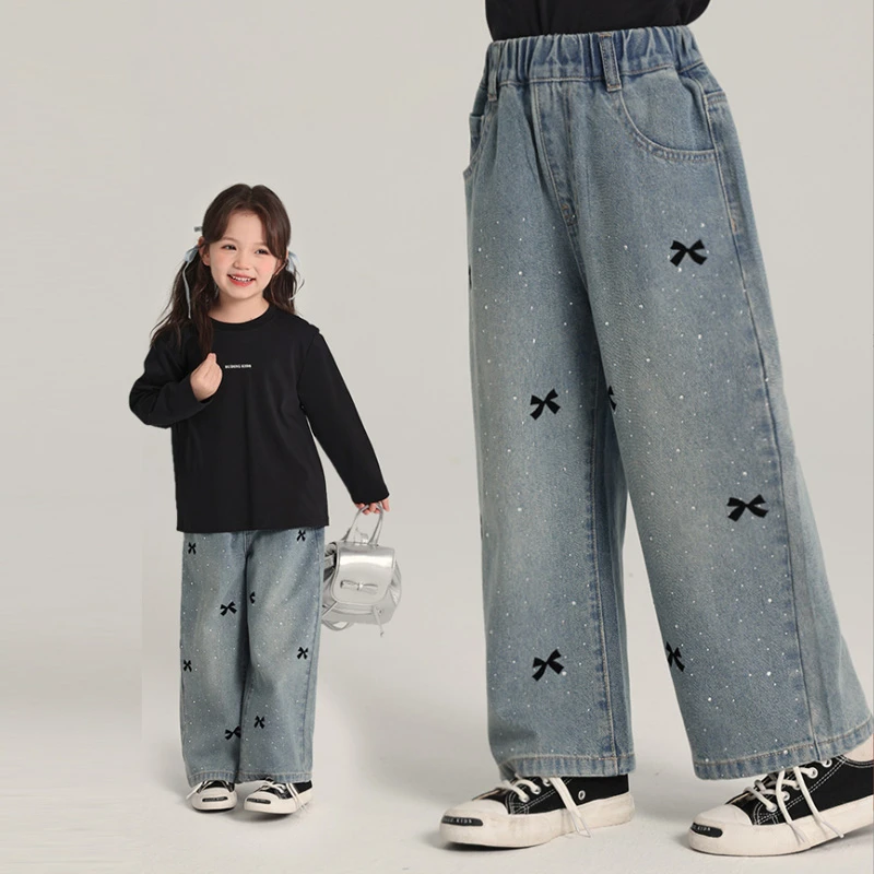2025春装新款女童裤子儿童休闲百搭烫钻牛仔长裤蝴蝶结女宝直筒裤
