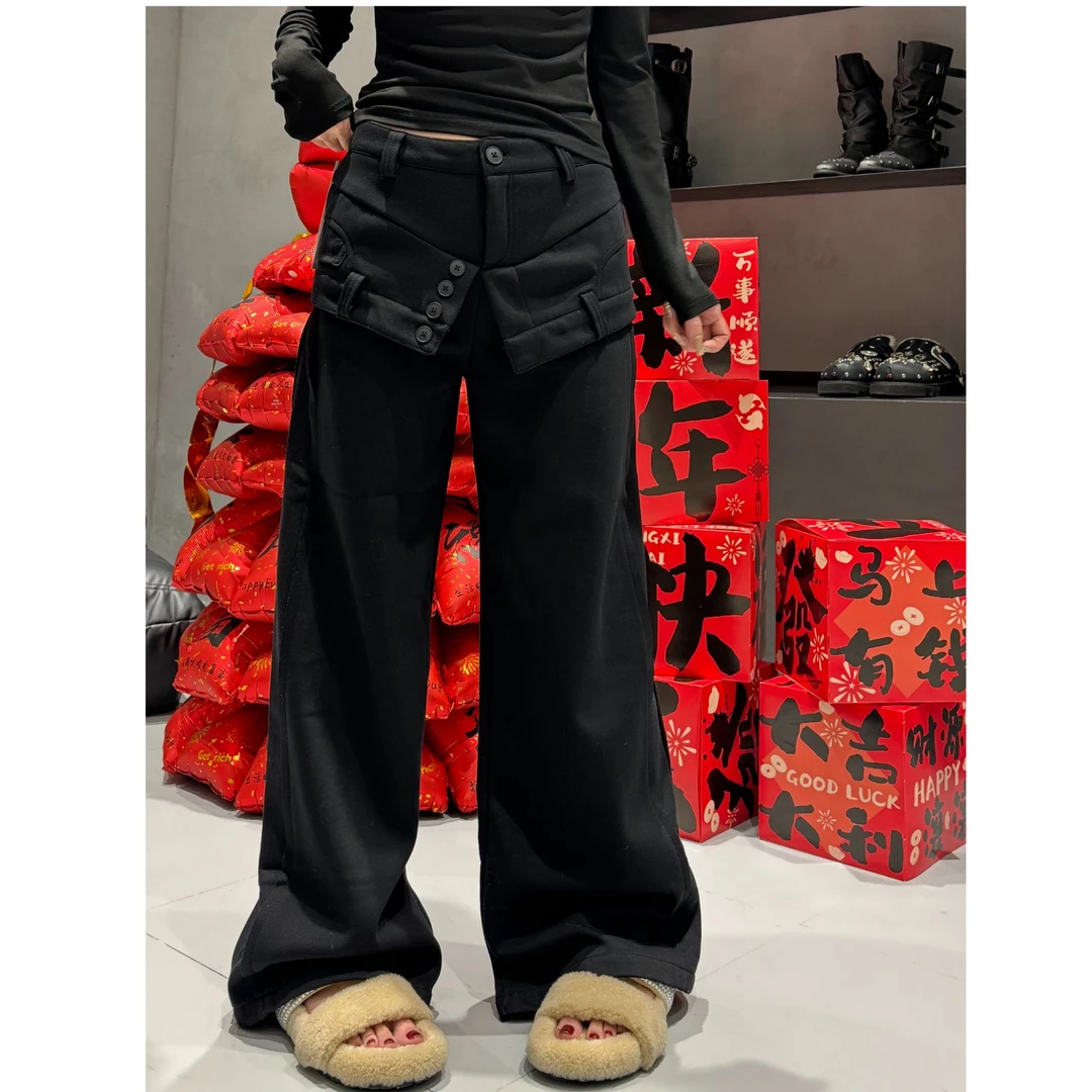 2708设计感不对称翻腰纽扣阔腿卫裤女高腰加绒宽松通勤长裤松弛感