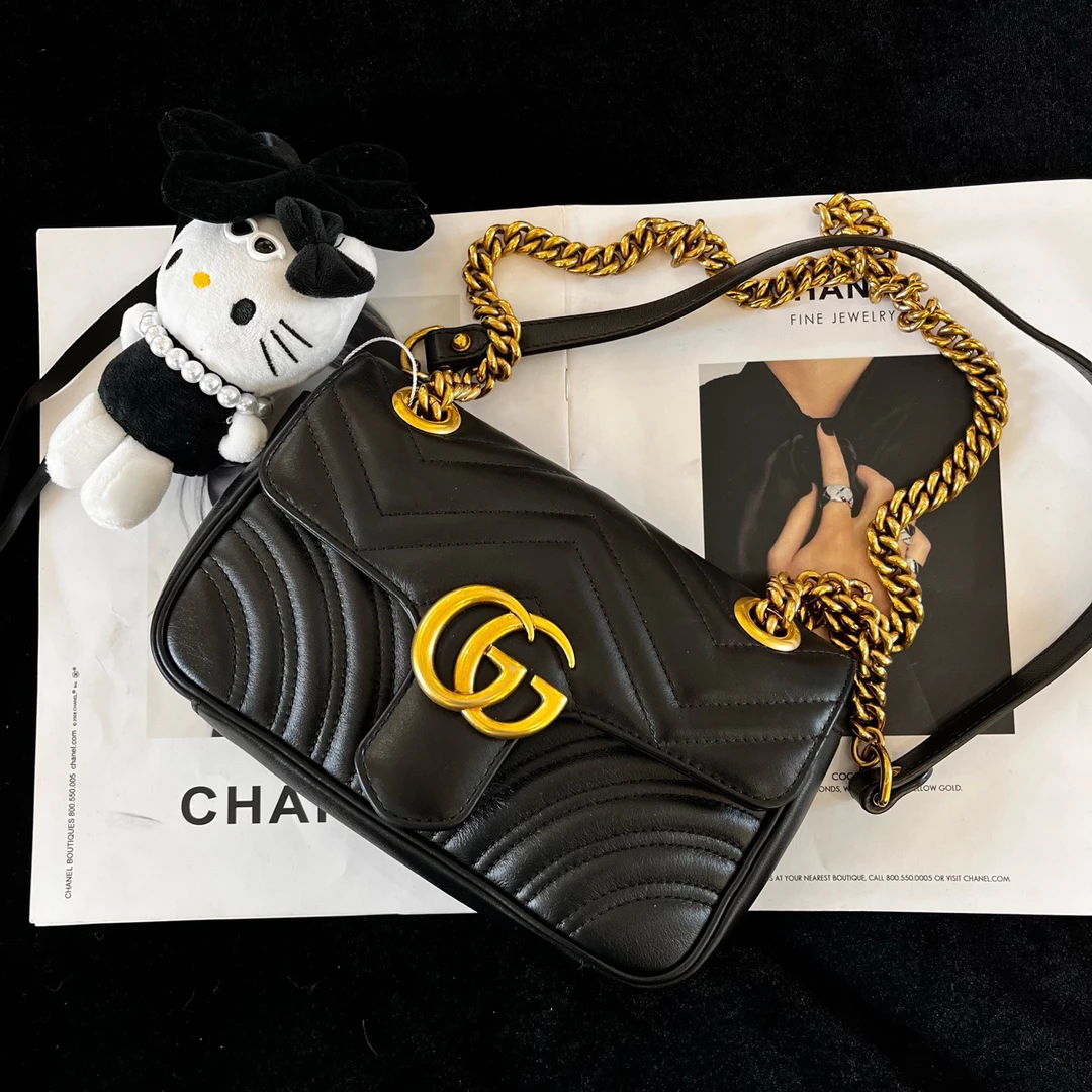 95新 GUCCI/古驰 黑金22马蒙链条包