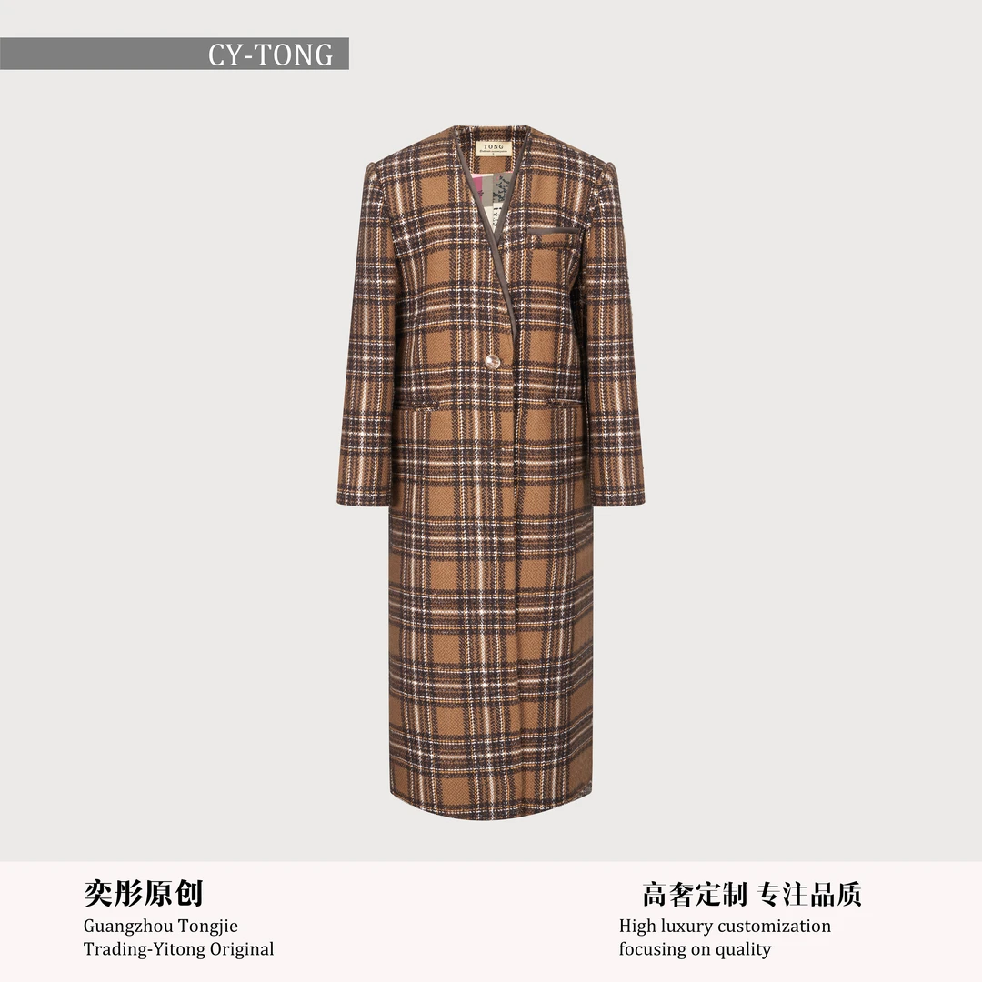 【彤姐原创】冬季气质时尚休闲百搭长款女士格子大衣外套TWWT4212