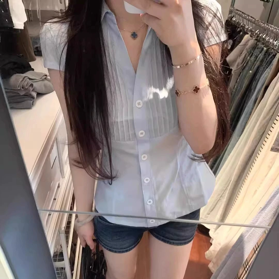 学院风蝴蝶结蓝色短袖衬衫上衣女2025夏季新款收腰显瘦设计感衬衣