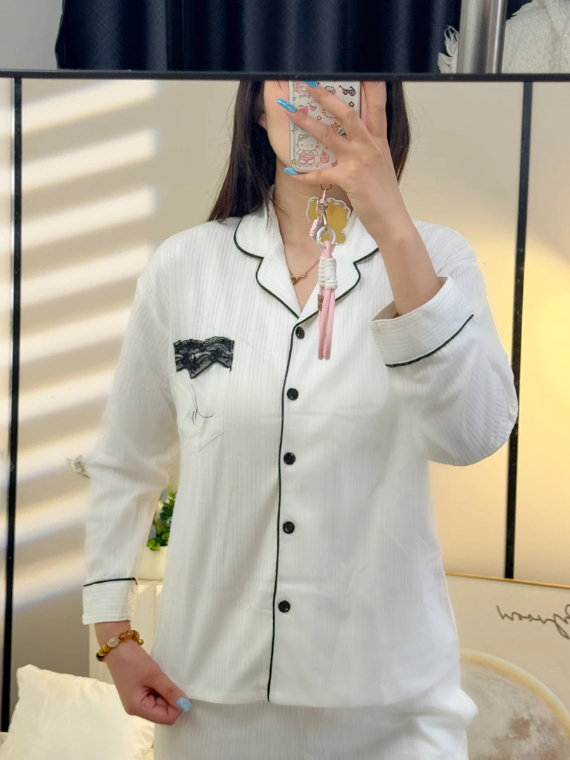 纯棉睡衣四季款蕾丝纯欲风条纹长袖两件套家居服