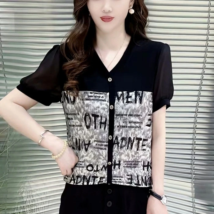 8287夏季宽松型时尚气质中老年小衫洋气女装百搭印花字母短袖