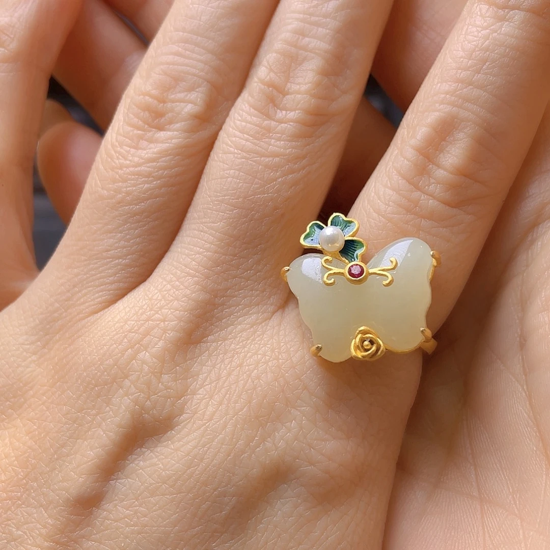 和田玉银S925镀金镶嵌戒指