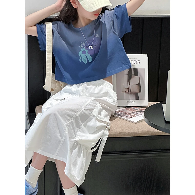 k26575渐变女童短袖T恤2025新开夏装儿童短款上衣大童半袖潮