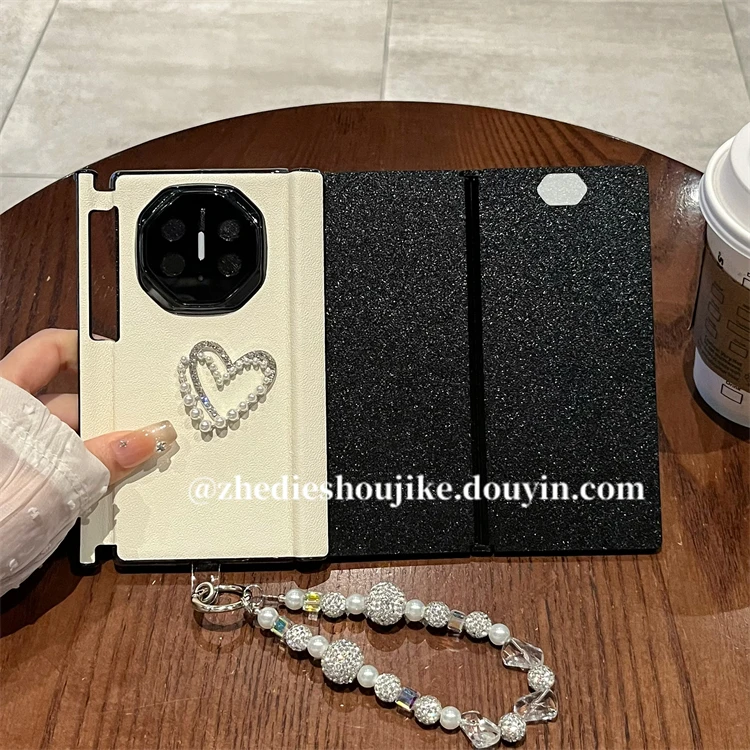 适用华为matext手机壳三折叠xt非凡大师真皮爱心铰链全包中轴后壳