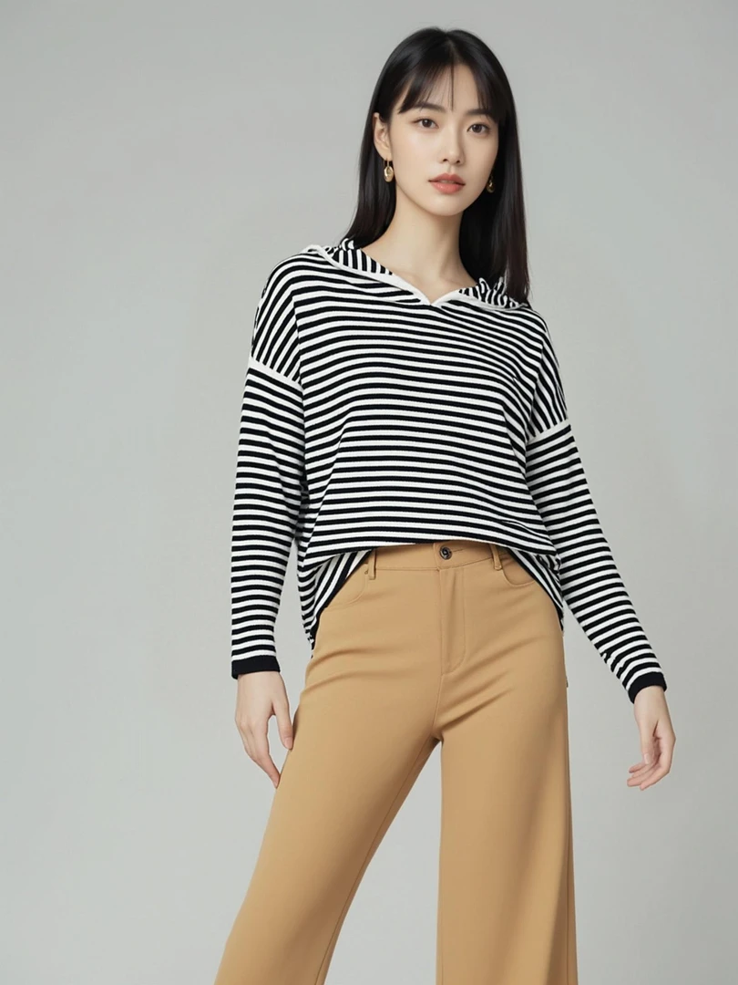 【Rumi女装】“订单款”25春百搭宽松撞色羊毛黑白条连帽衫6498my