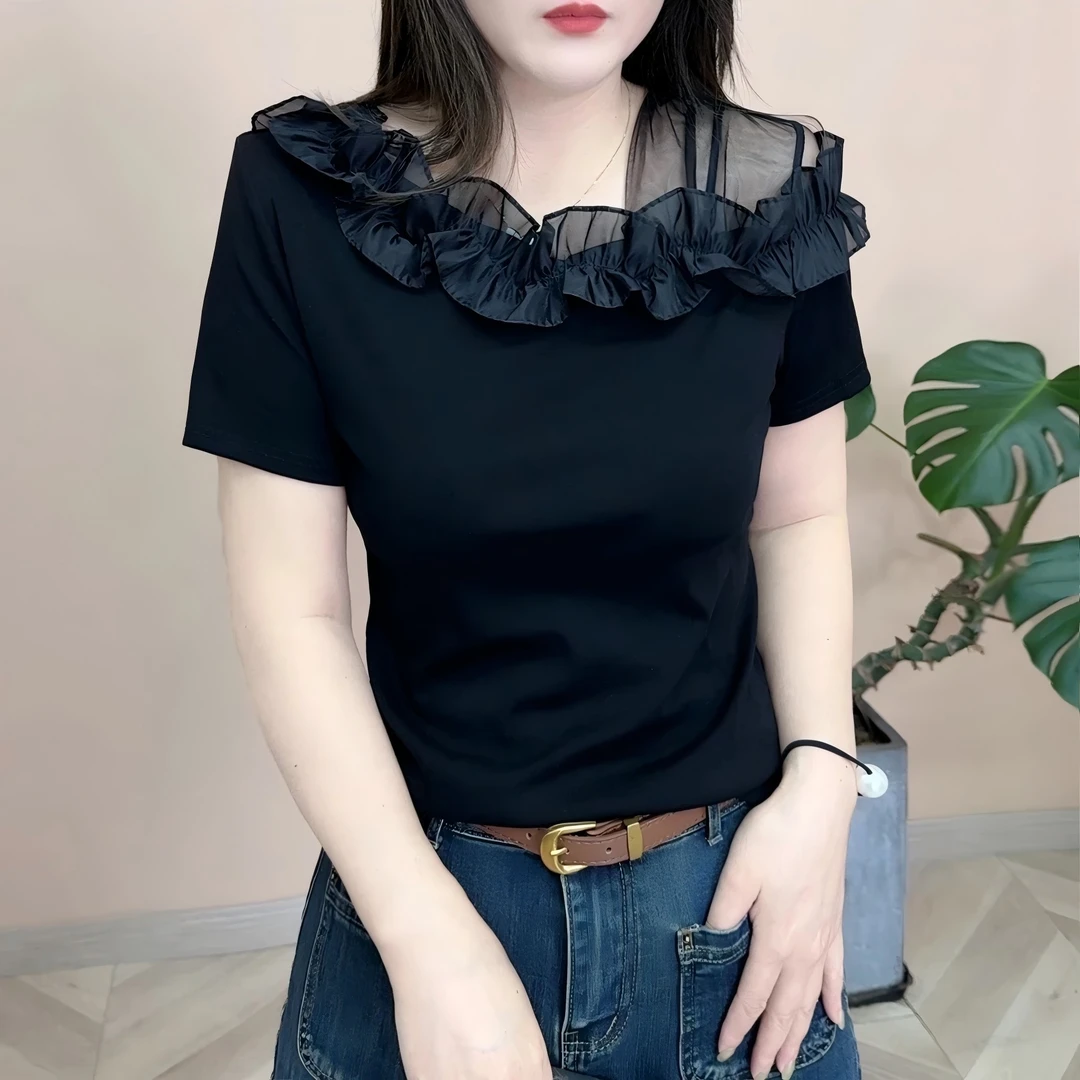 运费补贴-2025法式气质T恤显瘦夏季荷叶边时尚洋气百搭短袖 上衣