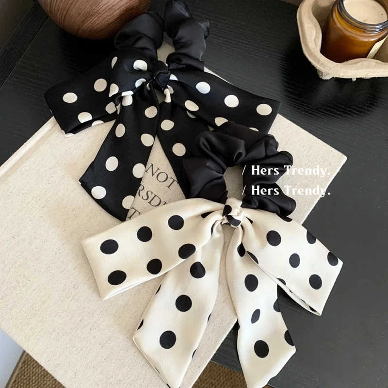 法式波点蝴蝶结飘带发圈女高级感侧马尾绑发头绳发绳高级感橡皮筋