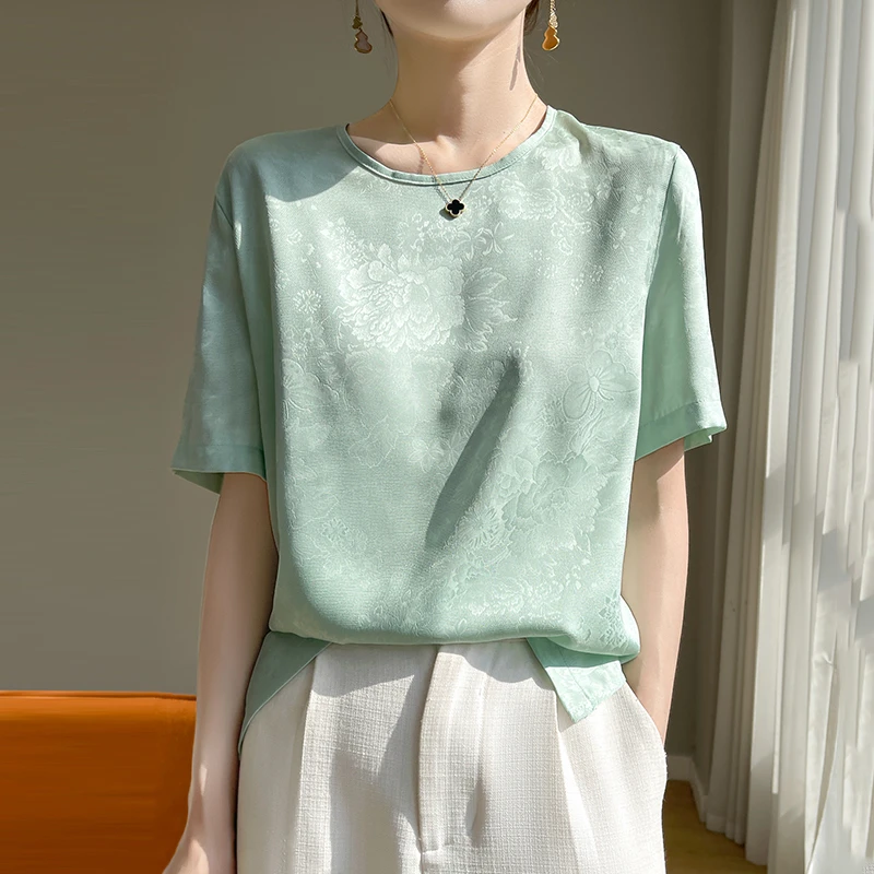 T恤短袖新中式时尚常规拼接提花休闲透气显瘦气质小t恤白色