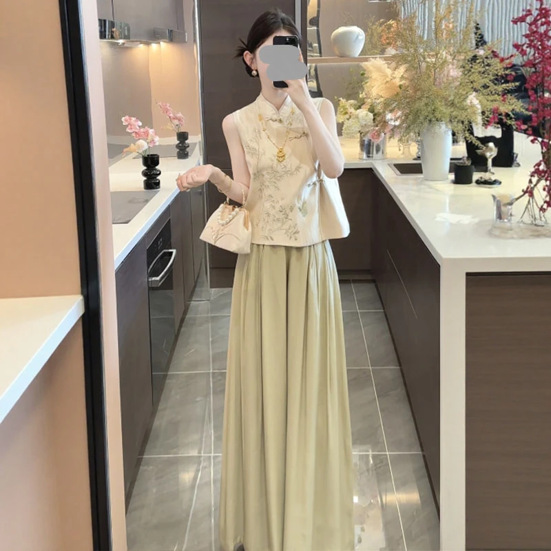 新中式国风套装女立领盘扣刺绣上衣一整套ootd穿搭新款显瘦休闲裤