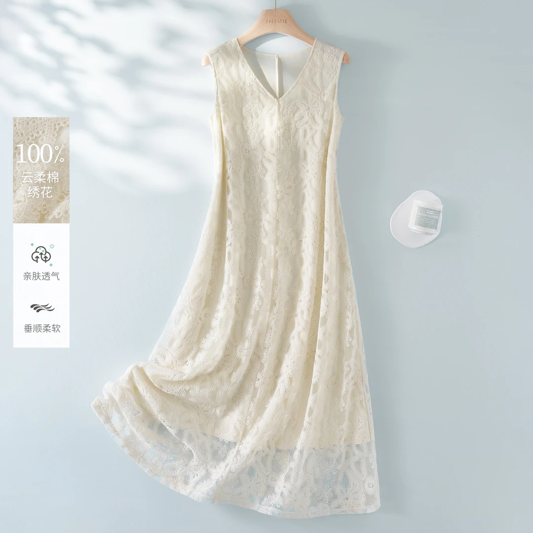 IHIMI/海谧“南法假日”镂空钩花长裙子2025夏浪漫重工刺绣连衣裙女