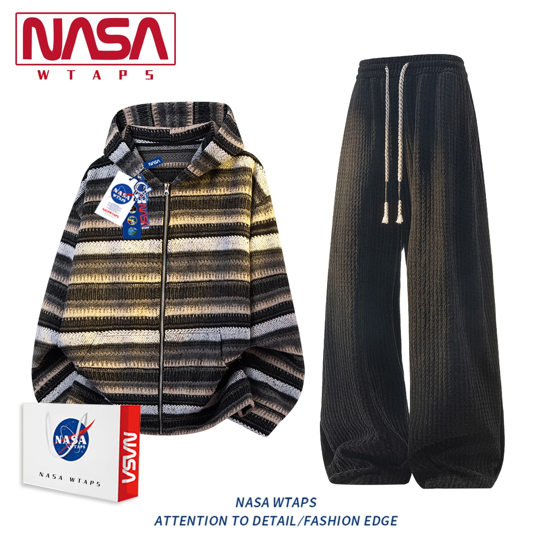 NASA WTAPS日系慵懒条纹休闲运动套装男秋季潮牌宽松开衫卫衣外套