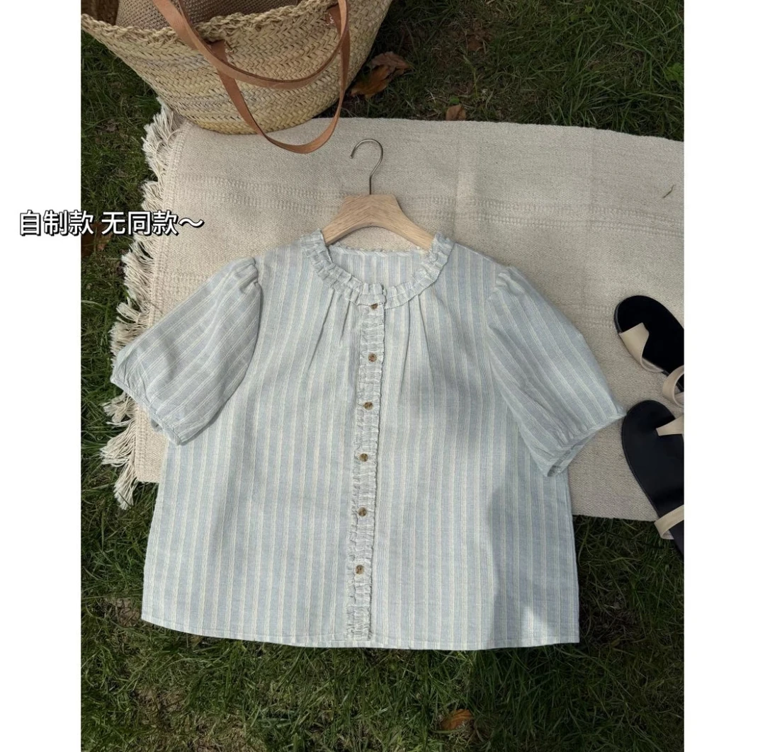 夏季2025年女款时尚百搭短袖条纹衬衫袖成人法式衬衫圆领简约风格