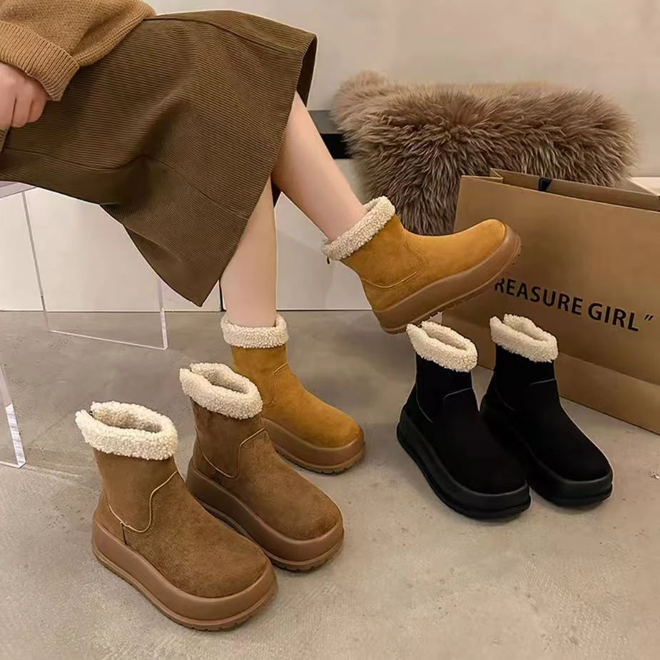 厚底雪地靴女款25冬季新款加绒短筒靴小个子加厚保暖东北大棉鞋-G