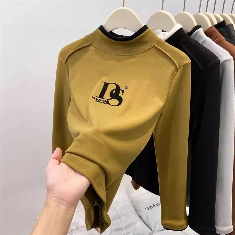 欧货双面德绒长袖打底衫女秋冬季时尚印花磨毛拼接半高领T恤上衣