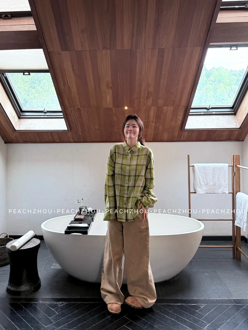 『PEACHZHOU』棉麻草绿格纹宽松翻领衬衫美式休闲洋气叠穿长袖衬衣