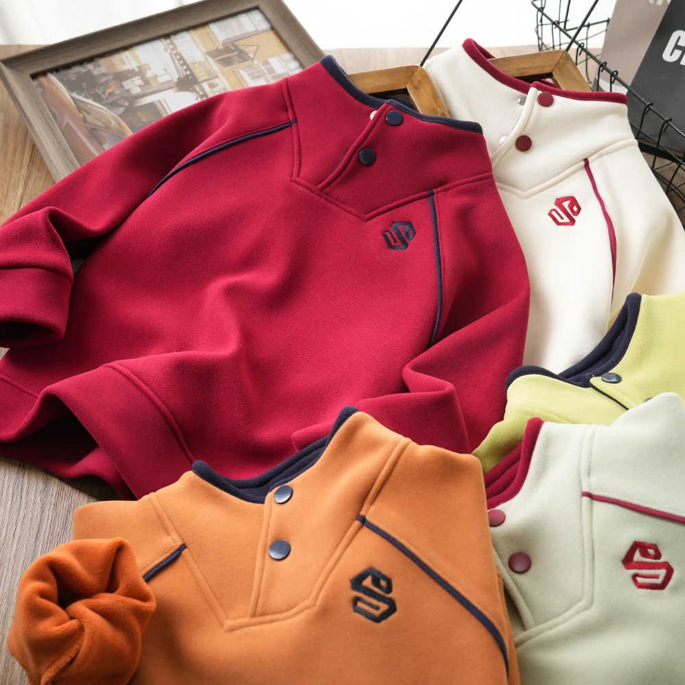 冬季年款时尚开领防风加绒儿童卫衣中大童拼接休闲上衣24D55